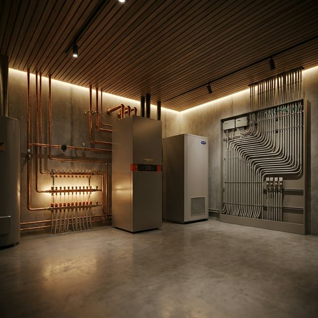 Macro detail of professionally installed copper piping and HVAC systems in a modern home